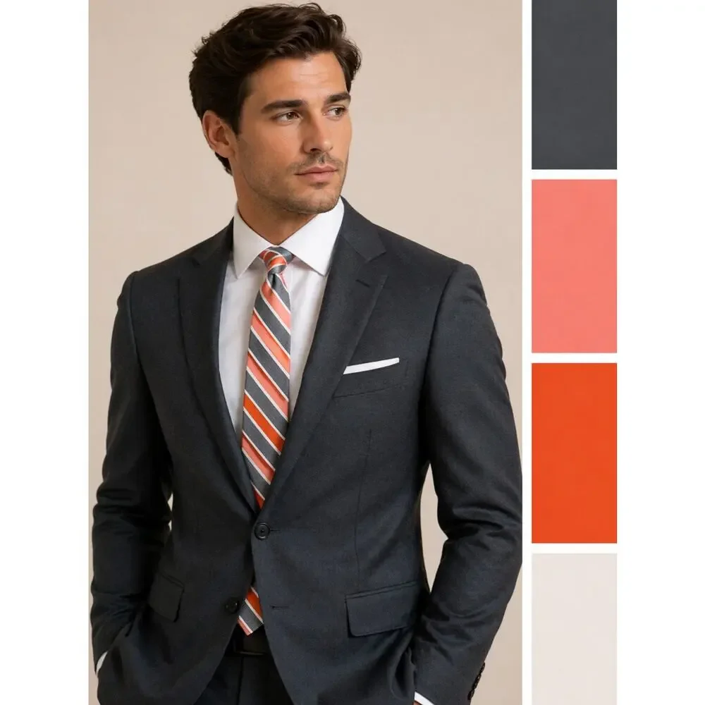 George Repp Stripe Tie Diagonal Slim Profile Preppy Ivy League Gray Orange White